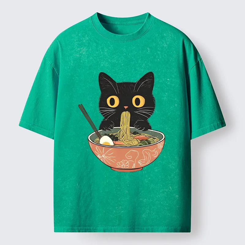 Tokyo-Tiger Black Cat Focused On Ramen Feast Washed T-Shirt