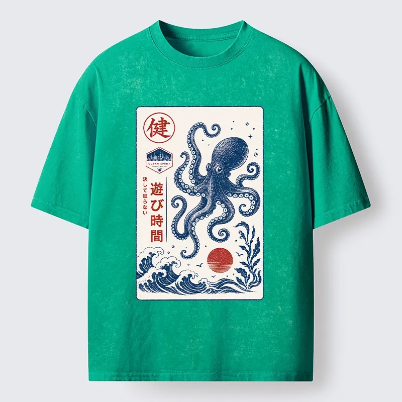 Tokyo-Tiger Octopus Swims In Wild Ocean Waves Washed T-Shirt