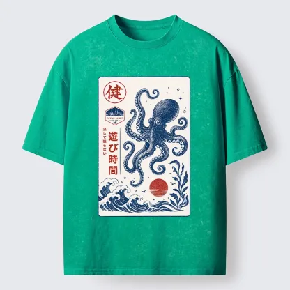 Tokyo-Tiger Octopus Swims In Wild Ocean Waves Washed T-Shirt