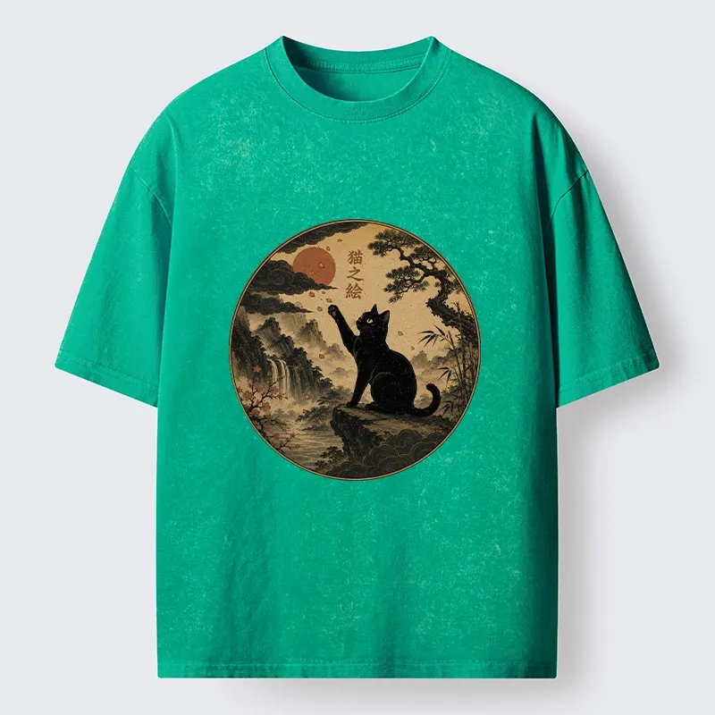 Tokyo-Tiger Serene Nature Scene Of Curious Ink Black Cat Washed T-Shirt
