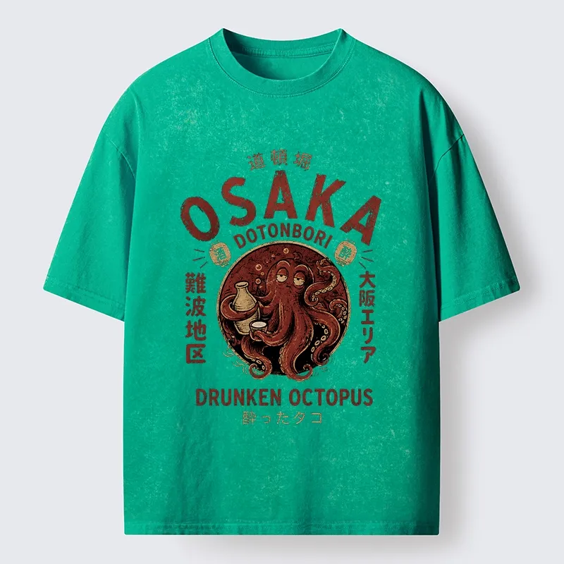 Tokyo-Tiger Osaka Artwork Of Wine Drunk Octopus Washed T-Shirt
