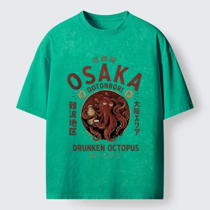 Tokyo-Tiger Osaka Artwork Of Wine Drunk Octopus Washed T-Shirt