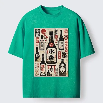 Tokyo-Tiger Bar Full Of Japanese Sake And Fortune Cats Washed T-Shirt