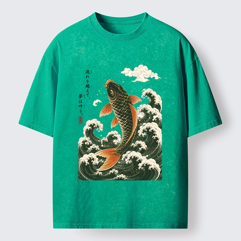 Tokyo-Tiger Japanese Koi Ascends Over Foamy Sea Waves Washed T-Shirt
