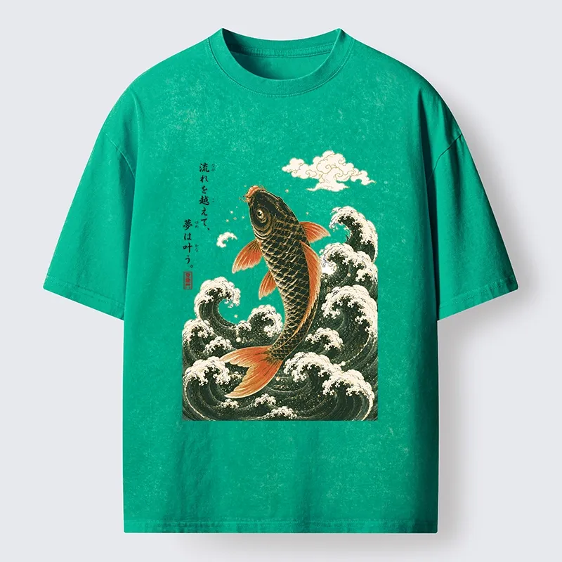 Tokyo-Tiger Japanese Koi Ascends Over Foamy Sea Waves Washed T-Shirt