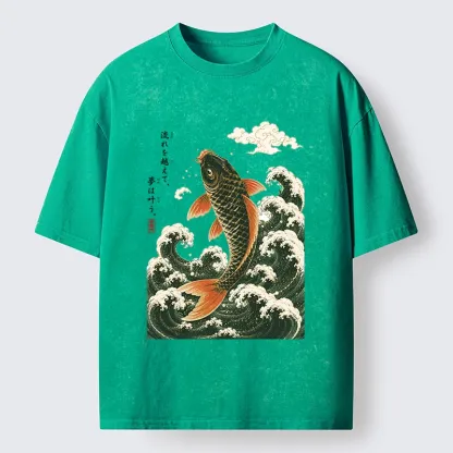Tokyo-Tiger Japanese Koi Ascends Over Foamy Sea Waves Washed T-Shirt