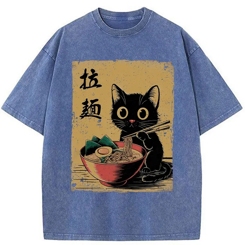 Tokyo-Tiger Retro Black Cat Eating Ramen Washed T-Shirt