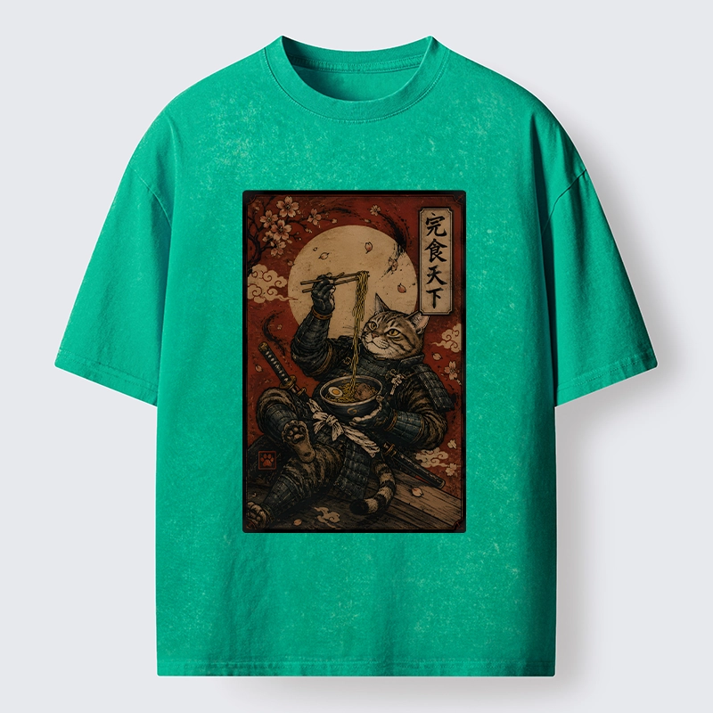 Tokyo-Tiger Bushido Cat Takes A Cozy Ramen Break Washed T-Shirt