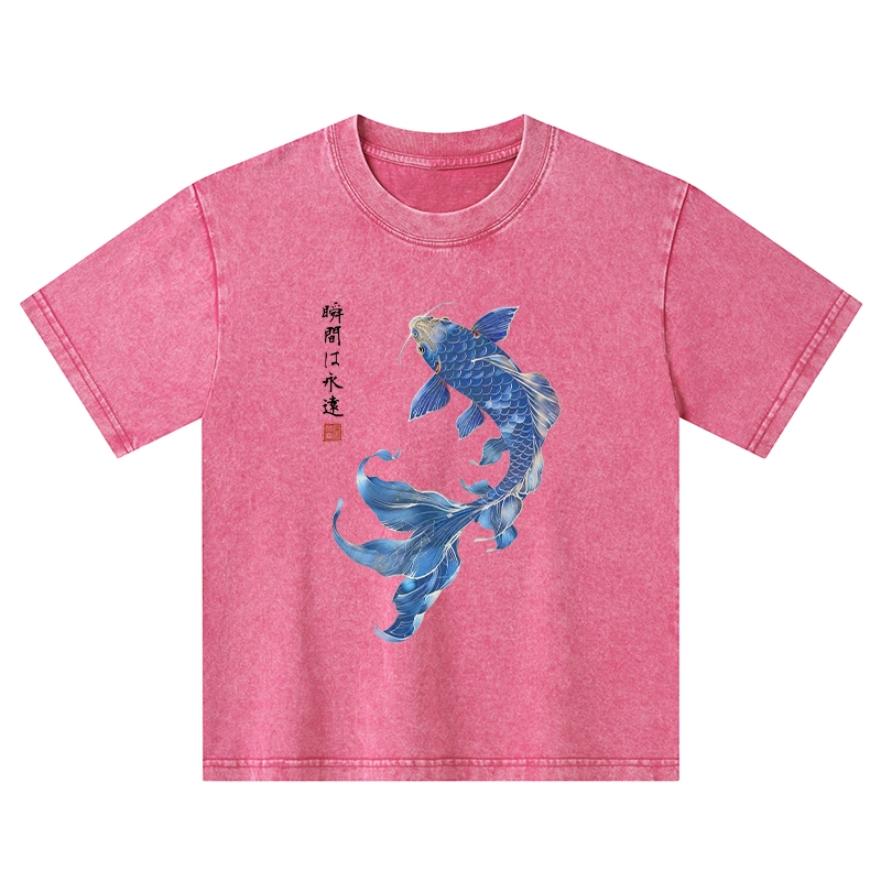 Tokyo-Tiger Lucky Blue Koi Fish Art Kids Washed T-Shirt