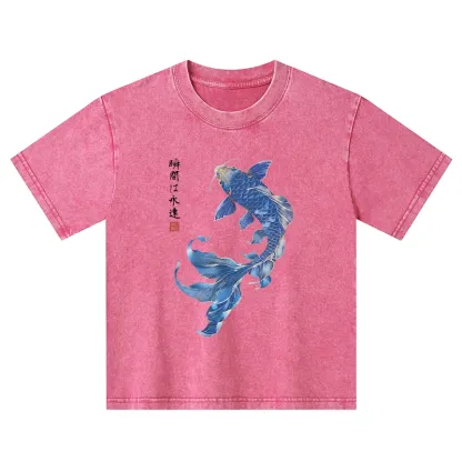 Tokyo-Tiger Lucky Blue Koi Fish Art Kids Washed T-Shirt
