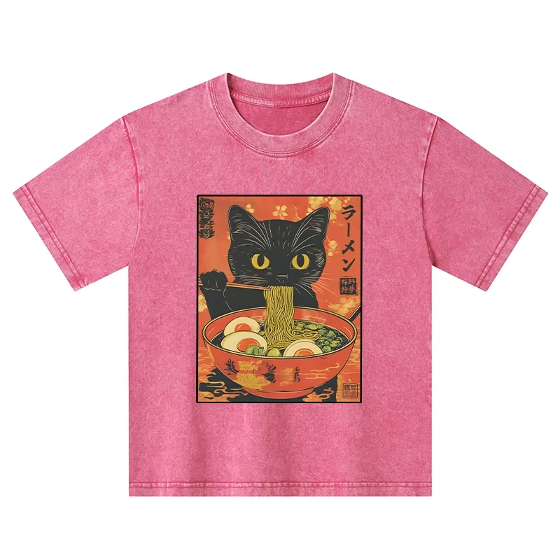 Tokyo-Tiger Hungry Black Cat Loves Ramen Kids Washed T-Shirt
