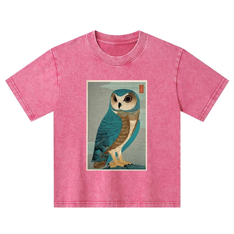 Tokyo-Tiger Vintage Owl Woodblock Art Kids Washed T-Shirt