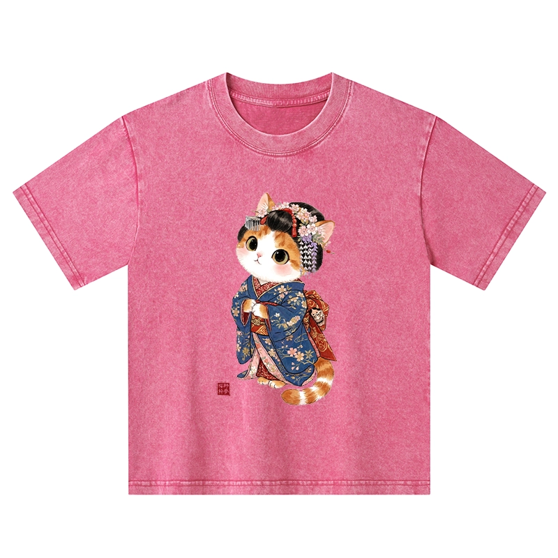 Tokyo-Tiger Cat Dressed As A Geisha Funny Kids Washed T-Shirt
