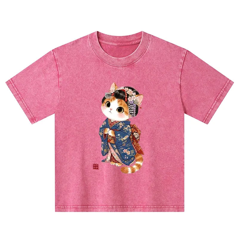 Tokyo-Tiger Cat Dressed As A Geisha Funny Kids Washed T-Shirt