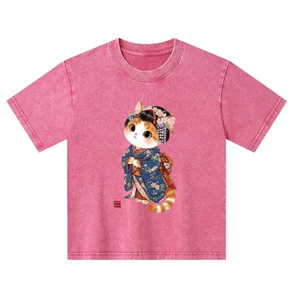 Tokyo-Tiger Cat Dressed As A Geisha Funny Kids Washed T-Shirt