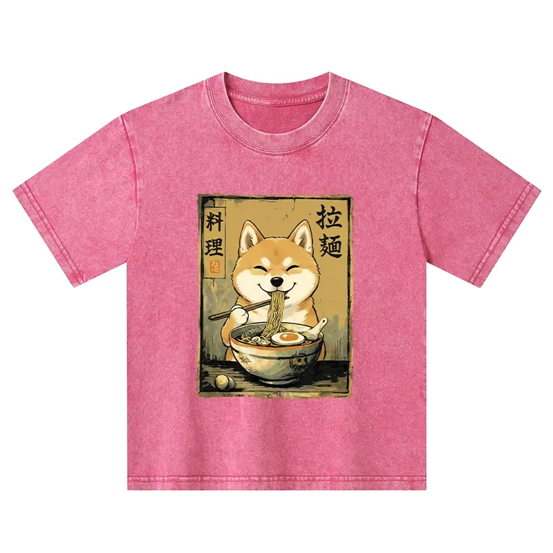 Tokyo-Tiger Happy Shiba Eating Ramen Kids Washed T-Shirt Sale
