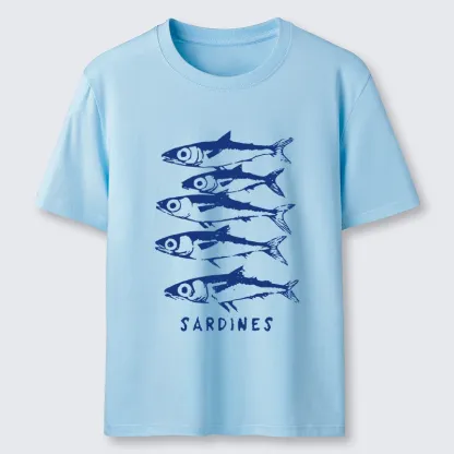 Tokyo-Tiger Blue And White Sardines Linocut Art Classic T-Shirt