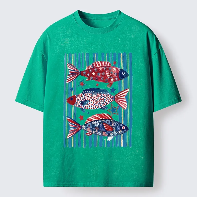 Tokyo-Tiger Vibrant Independence Day Star Decorated Fish Washed T-Shirt