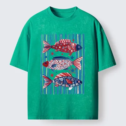 Tokyo-Tiger Vibrant Independence Day Star Decorated Fish Washed T-Shirt