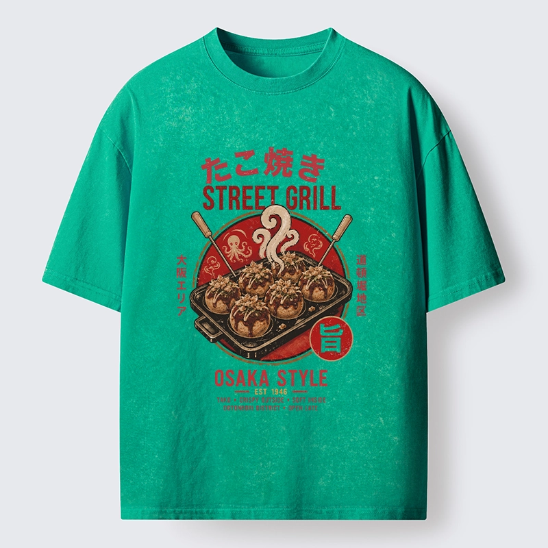 Tokyo-Tiger Osaka Takoyaki Street Grill Art Washed T-Shirt