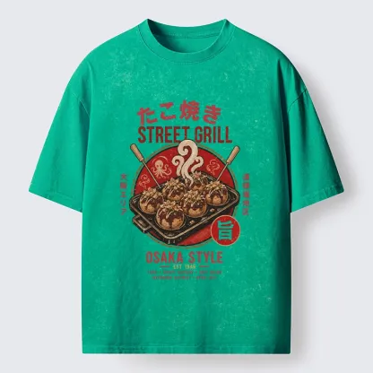 Tokyo-Tiger Osaka Takoyaki Street Grill Art Washed T-Shirt
