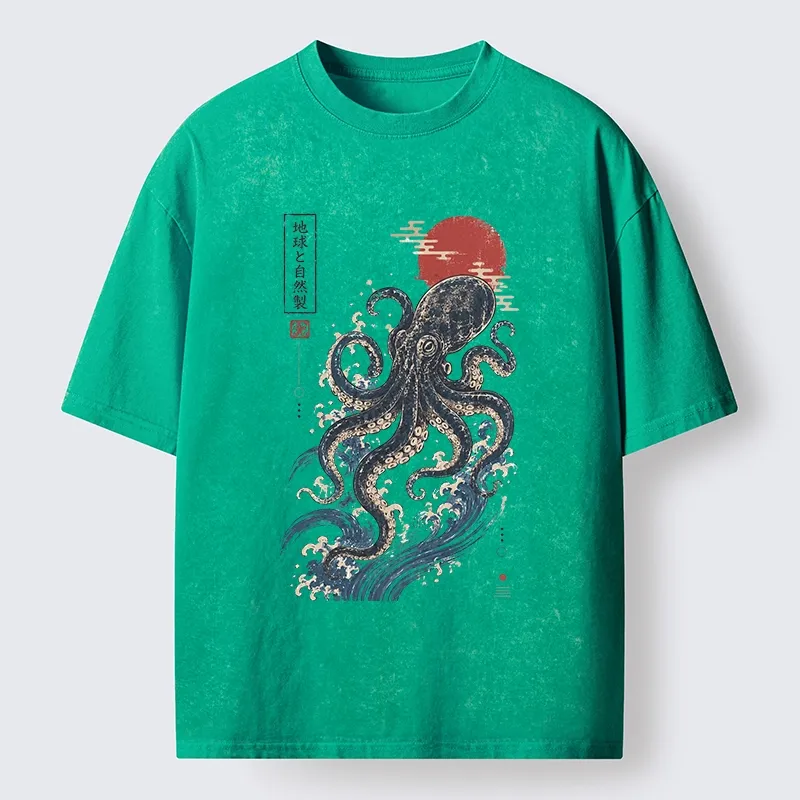 Tokyo-Tiger Traditional Japanese Wave Red Sun Octopus Washed T-Shirt