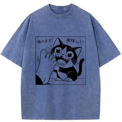 Tokyo-Tiger Cat Chewing Human Feet Washed T-Shirt