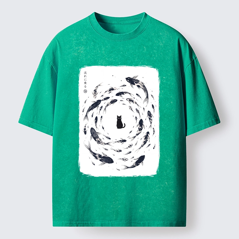 Tokyo-Tiger Traditional Japanese Carp Circle Cat Washed T-Shirt