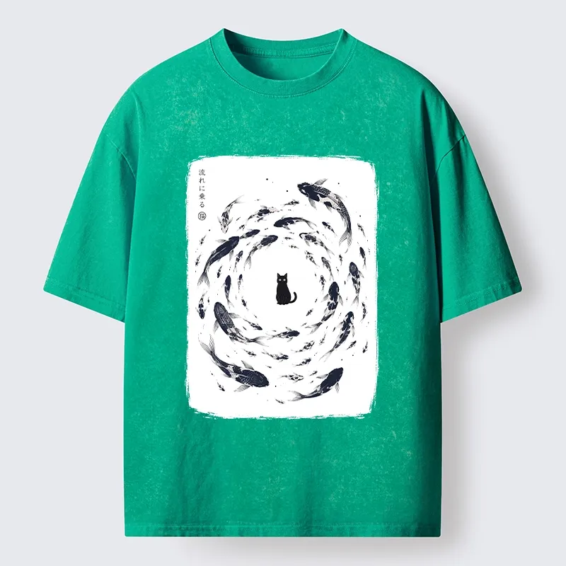 Tokyo-Tiger Traditional Japanese Carp Circle Cat Washed T-Shirt