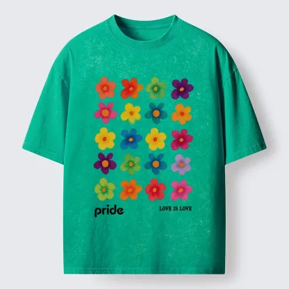 Tokyo-Tiger Colorful Flower Grid For Pride Month Washed T-Shirt