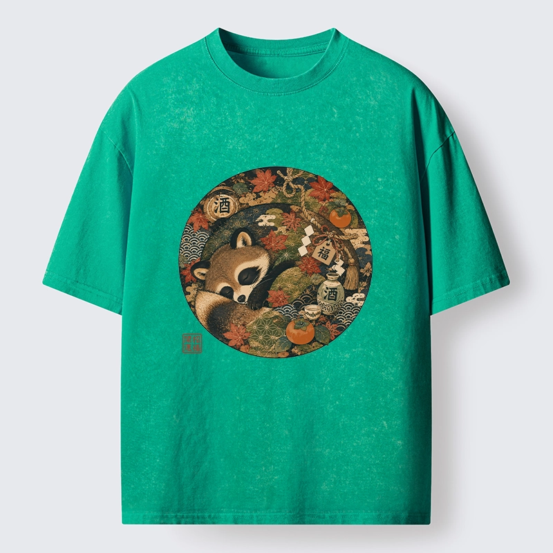 Tokyo-Tiger Sleepy Raccoon Enjoys Autumn Sake Break Washed T-Shirt