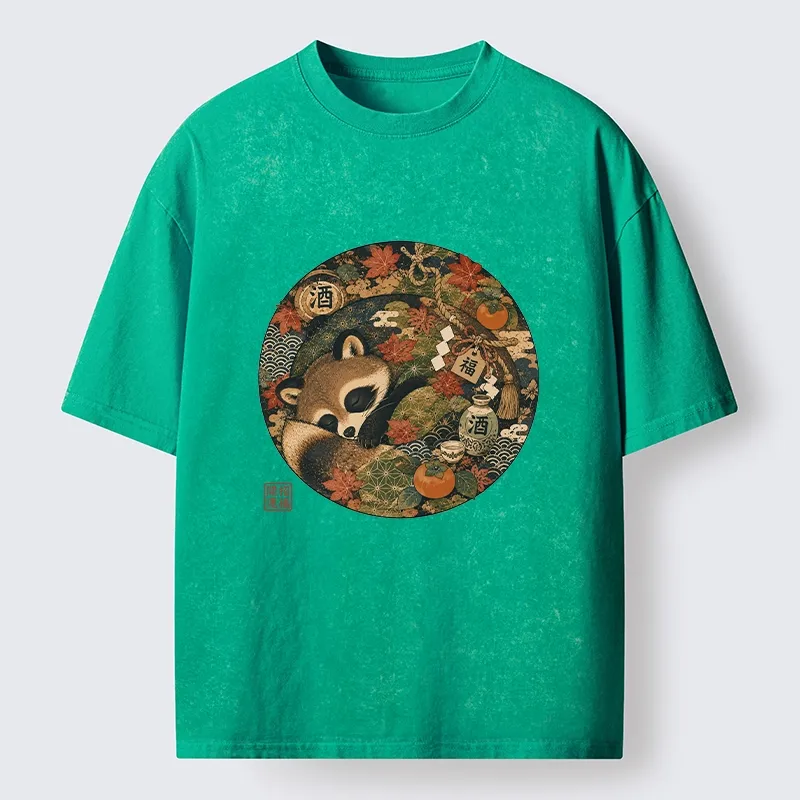 Tokyo-Tiger Sleepy Raccoon Enjoys Autumn Sake Break Washed T-Shirt