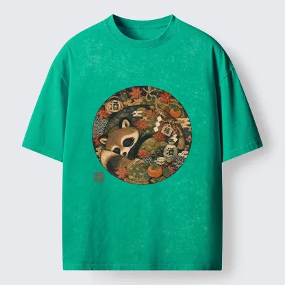 Tokyo-Tiger Sleepy Raccoon Enjoys Autumn Sake Break Washed T-Shirt