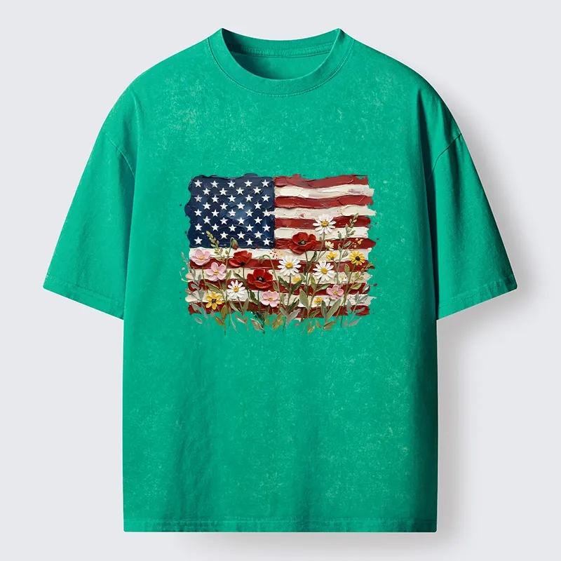 Tokyo-Tiger Floral Accents On Textured Flag Art Washed T-Shirt Sale