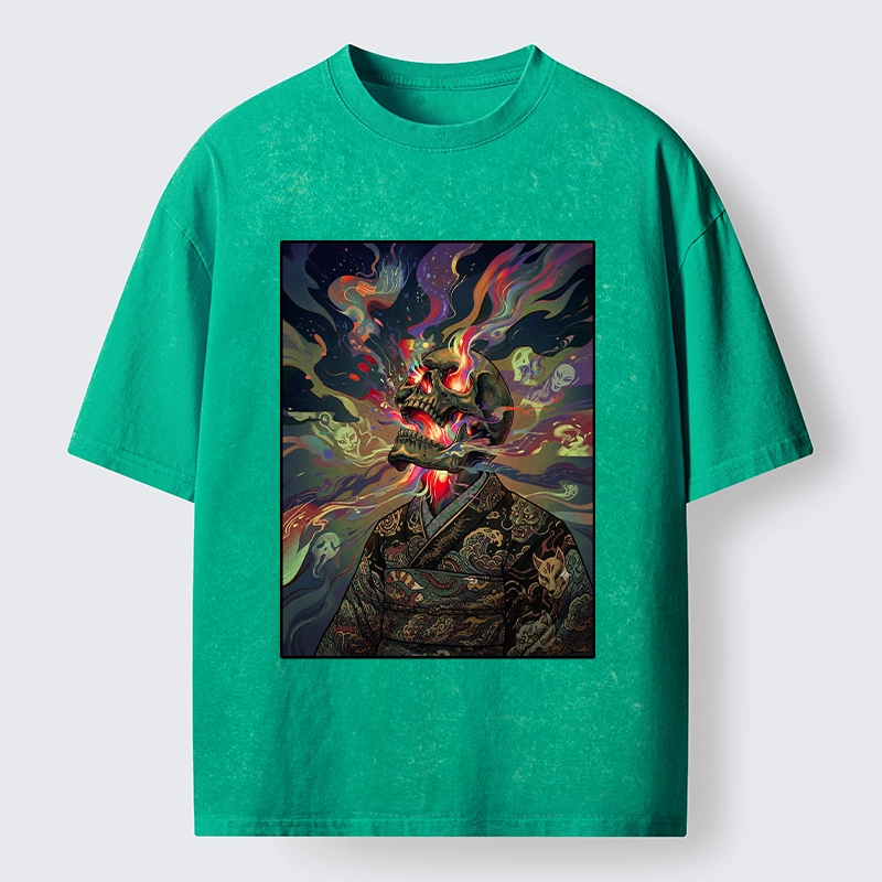 Tokyo-Tiger Colorful Flame Spirits Around Dead Head Washed T-Shirt