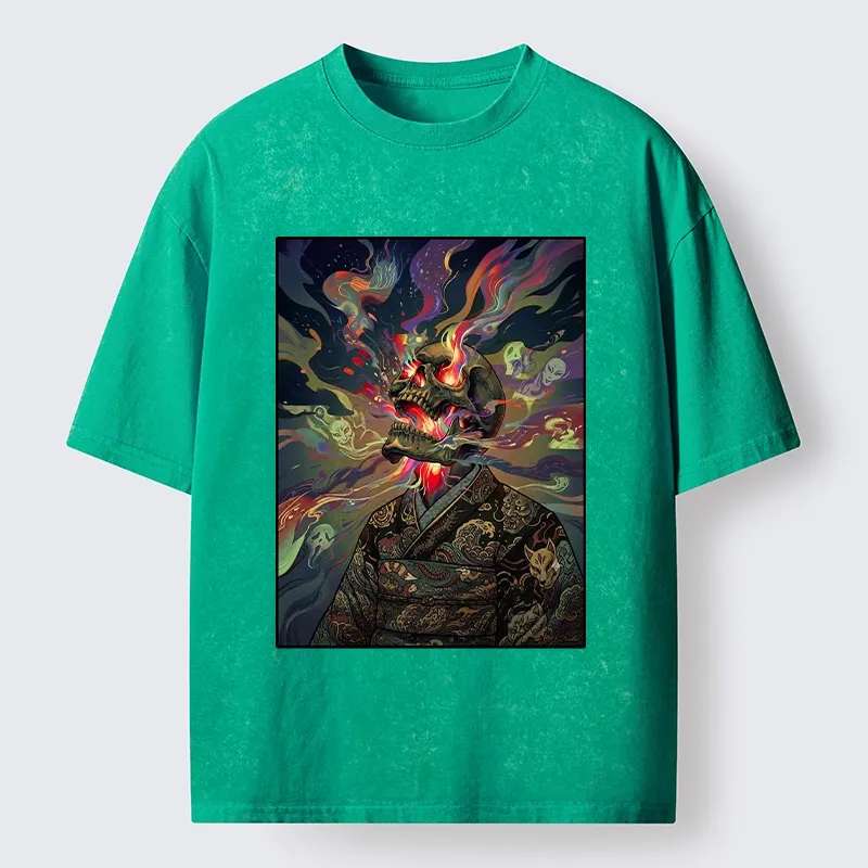 Tokyo-Tiger Colorful Flame Spirits Around Dead Head Washed T-Shirt