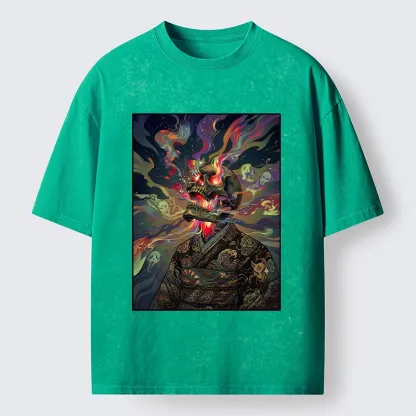 Tokyo-Tiger Colorful Flame Spirits Around Dead Head Washed T-Shirt