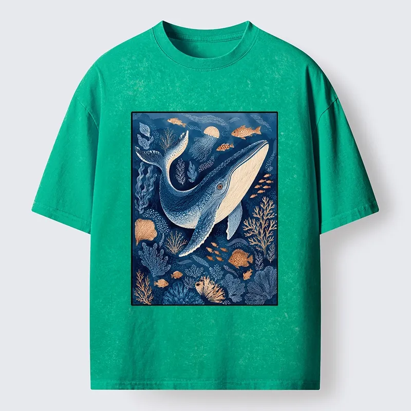 Tokyo-Tiger Blue Whale Under The Sea Washed T-Shirt