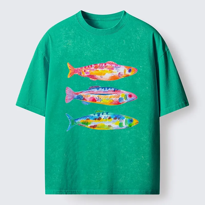 Tokyo-Tiger Colorful Hand Drawn Fish Washed T-Shirt
