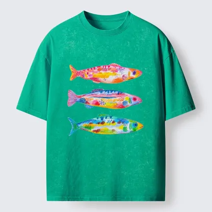Tokyo-Tiger Colorful Hand Drawn Fish Washed T-Shirt