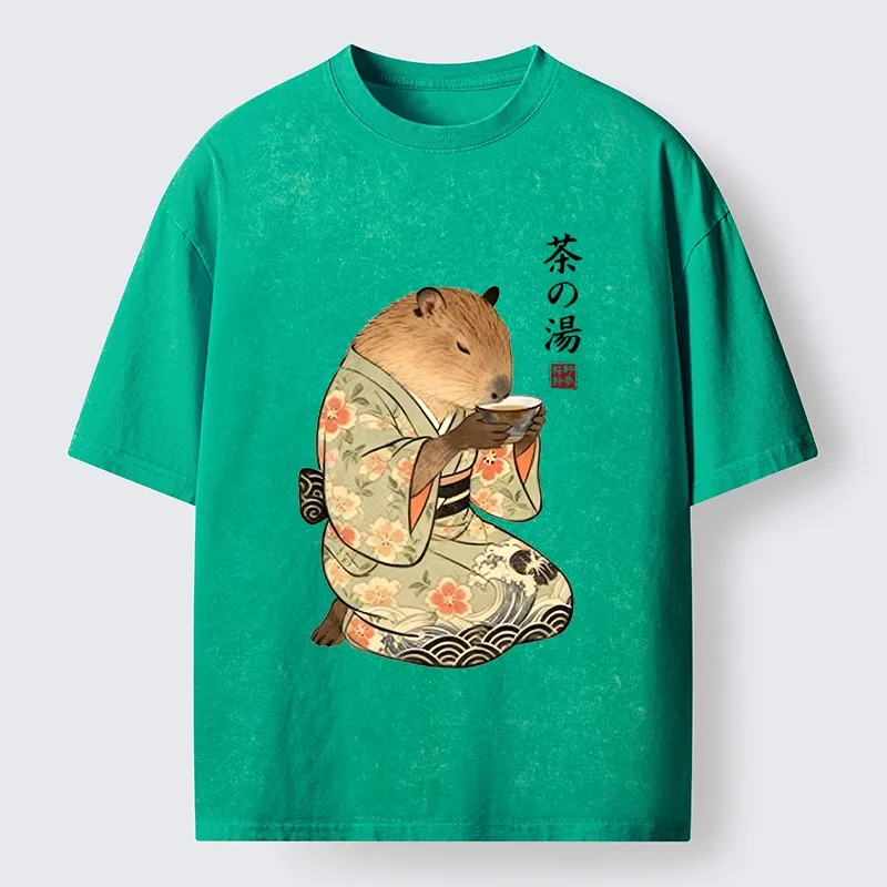 Tokyo-Tiger Capybara Drinking Tea In Kimono Washed T-Shirt