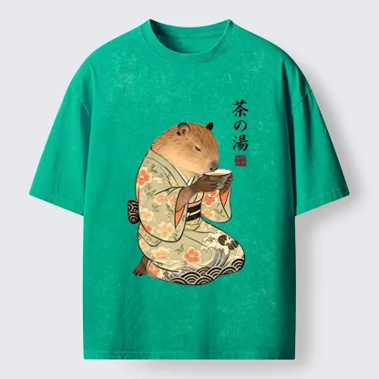 Tokyo-Tiger Capybara Drinking Tea In Kimono Washed T-Shirt