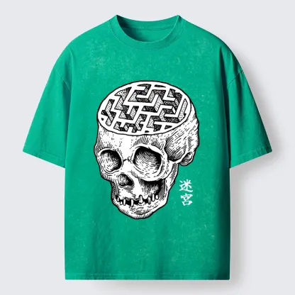 Tokyo-Tiger Skull With Brain Maze Washed T-Shirt