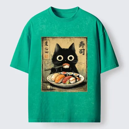 Tokyo-Tiger Vintage Japanese Sushi Cat Washed T-Shirt