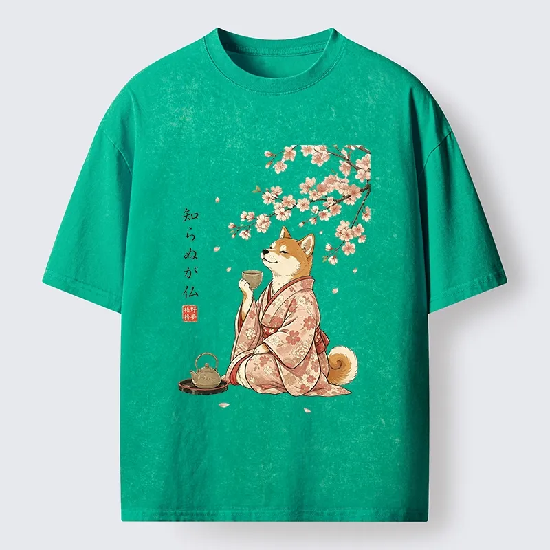 Tokyo-Tiger Japanese Kimono Shiba Tea Time Washed T-Shirt