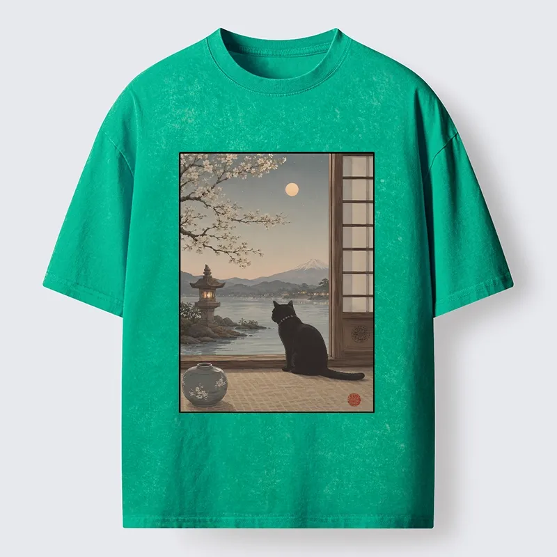 Tokyo-Tiger Black Cat Watching Mount Fuji At Night Washed T-Shirt