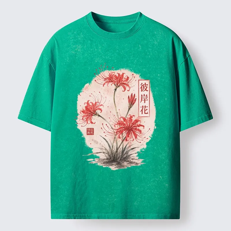 Tokyo-Tiger Red Spider Lily Watercolor Painting Washed T-Shirt
