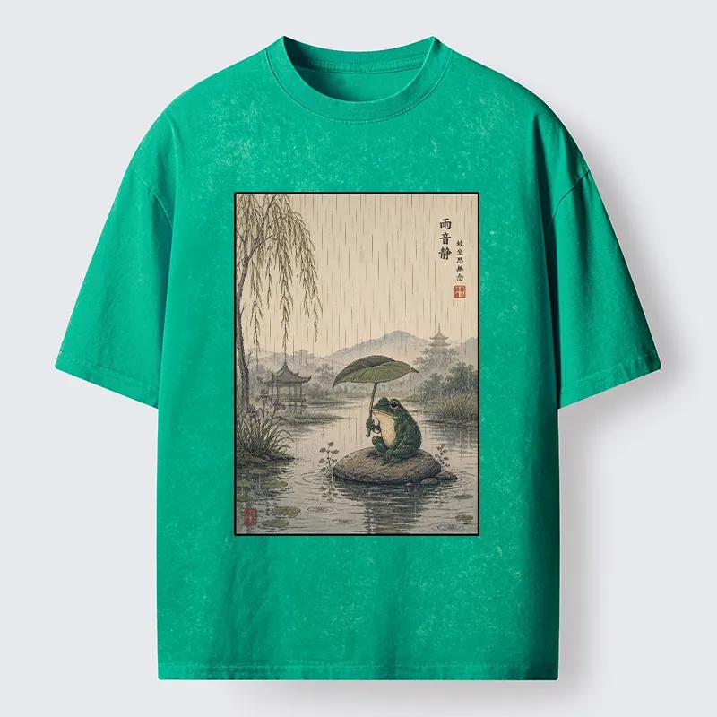 Tokyo-Tiger Frog Holding Lotus Leaf In The Rain Washed T-Shirt