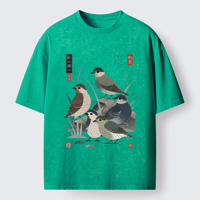 Tokyo-Tiger Cute Little Birds Japanese Folk Print Washed T-Shirt