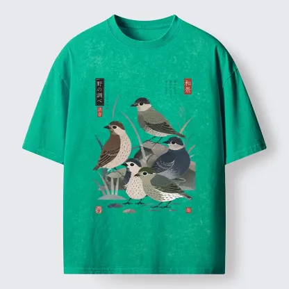 Tokyo-Tiger Cute Little Birds Japanese Folk Print Washed T-Shirt